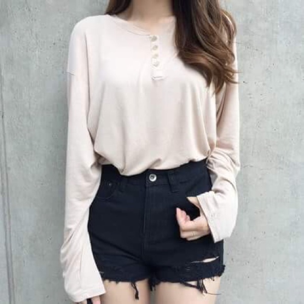 Mixxmix Loose Henley Neck T-shirt Beige